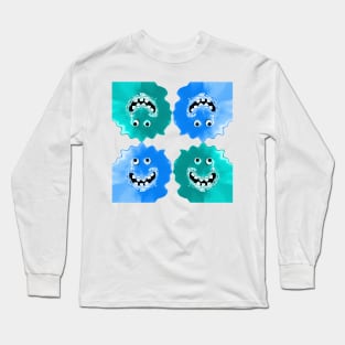 Slime Blue Jelly Monster Emoji Pixel Smiling Face Long Sleeve T-Shirt